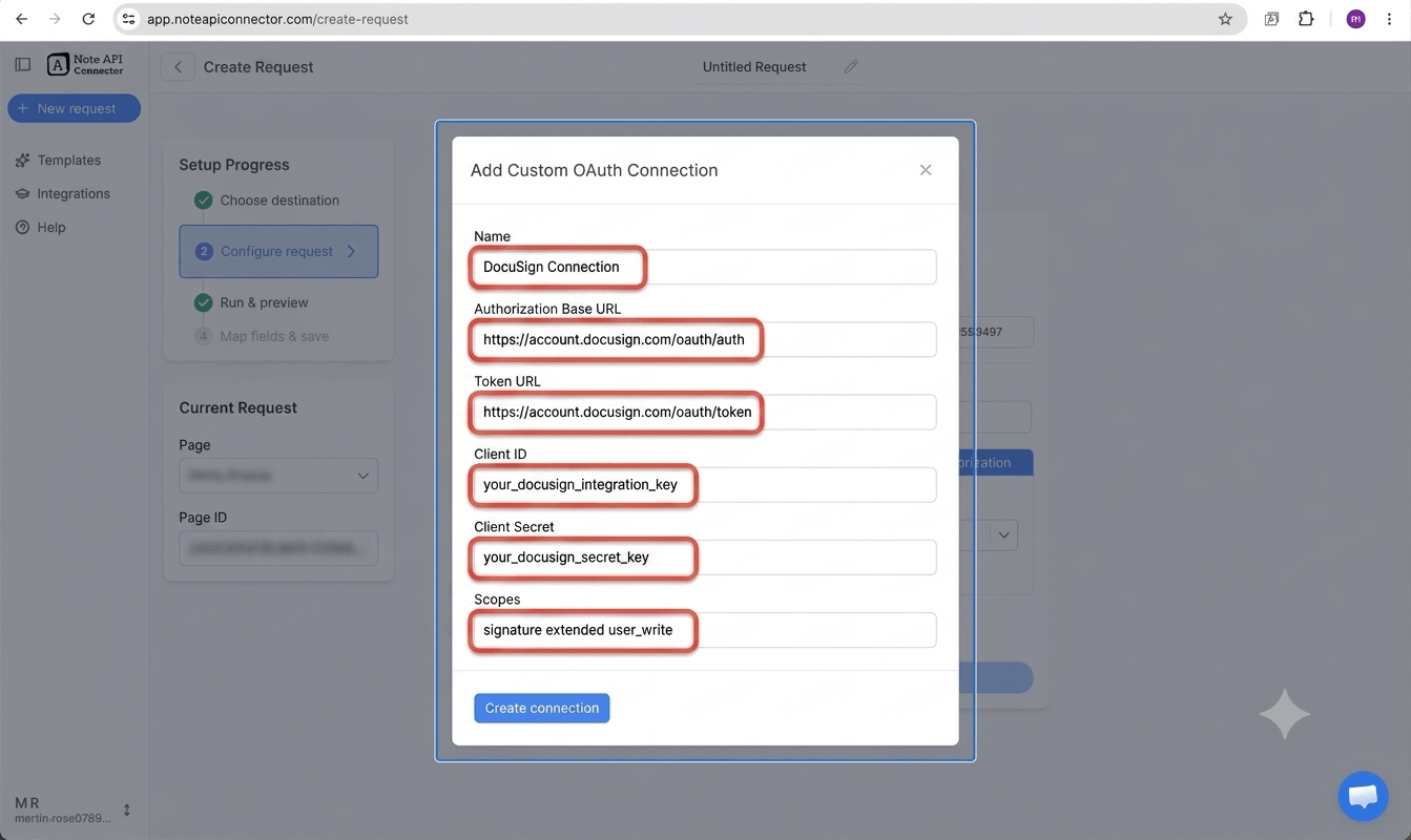 Create a custom OAuth connection and find your base URI - Note API Connector screenshot