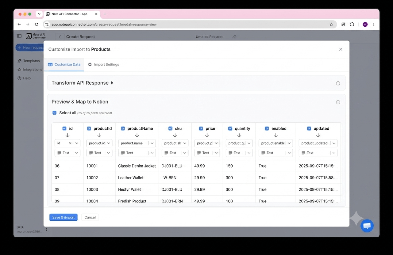 Choose your data and map fields - Note API Connector screenshot