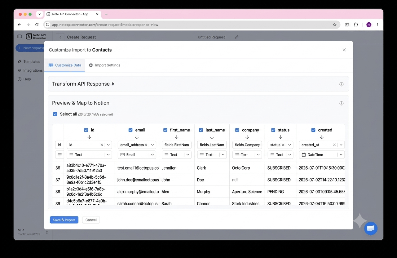 Choose your data and map fields — Note API Connector screenshot