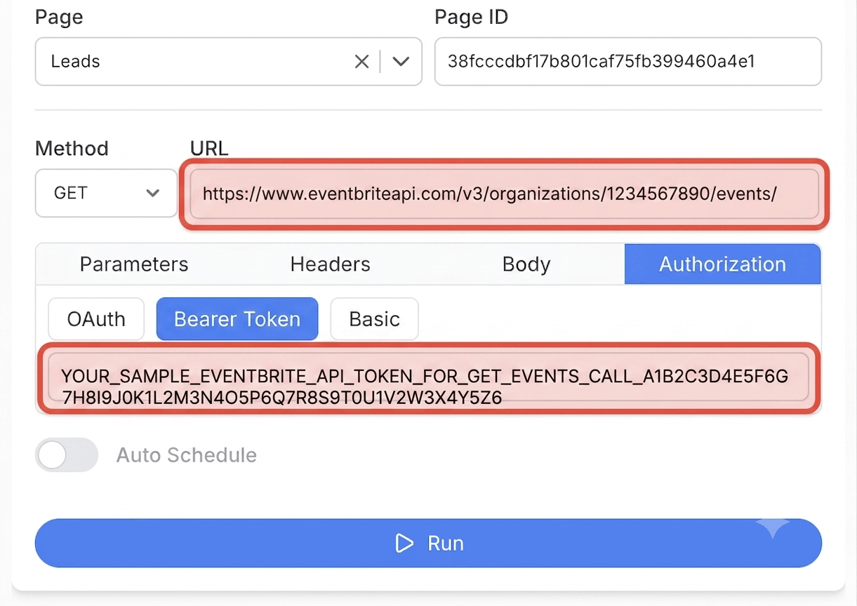 Get your Eventbrite OAuth token and create your request - Note API Connector screenshot