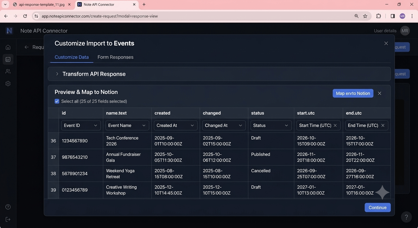 Choose your data and map fields - Note API Connector screenshot