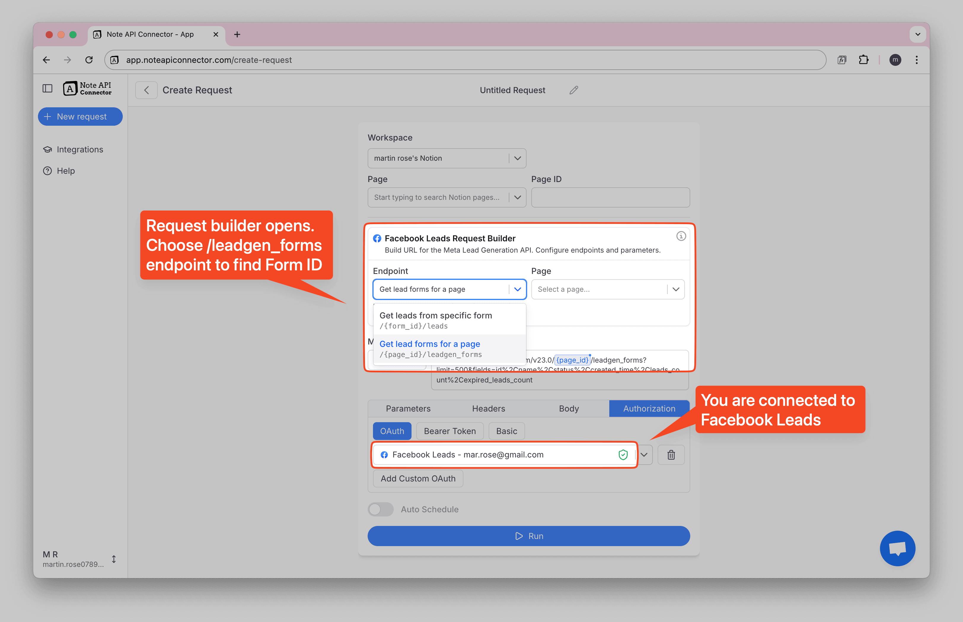 Facebook Leads Request Builder Connected