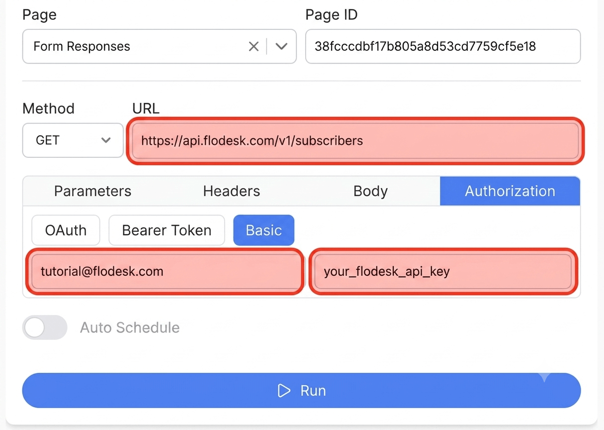 Get your Flodesk API key and create your request - Note API Connector screenshot