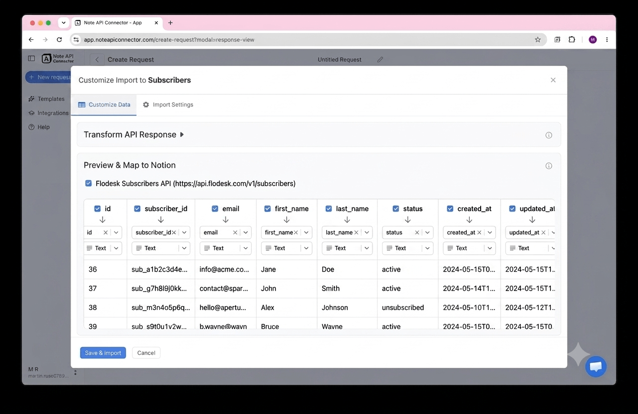 Choose your data and map fields - Note API Connector screenshot