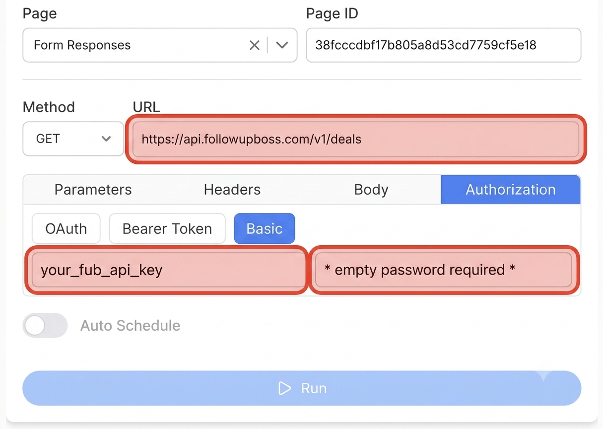 Get your Follow Up Boss API Key and create your request - Note API Connector screenshot