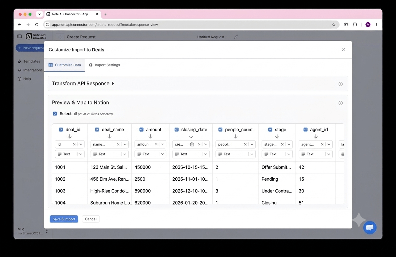 Choose your data and map fields - Note API Connector screenshot