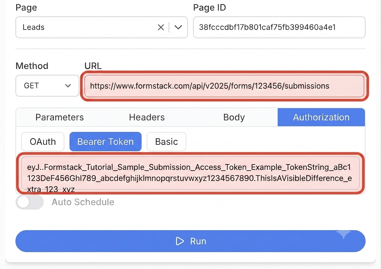 Get your Formstack access token and connect - Note API Connector screenshot