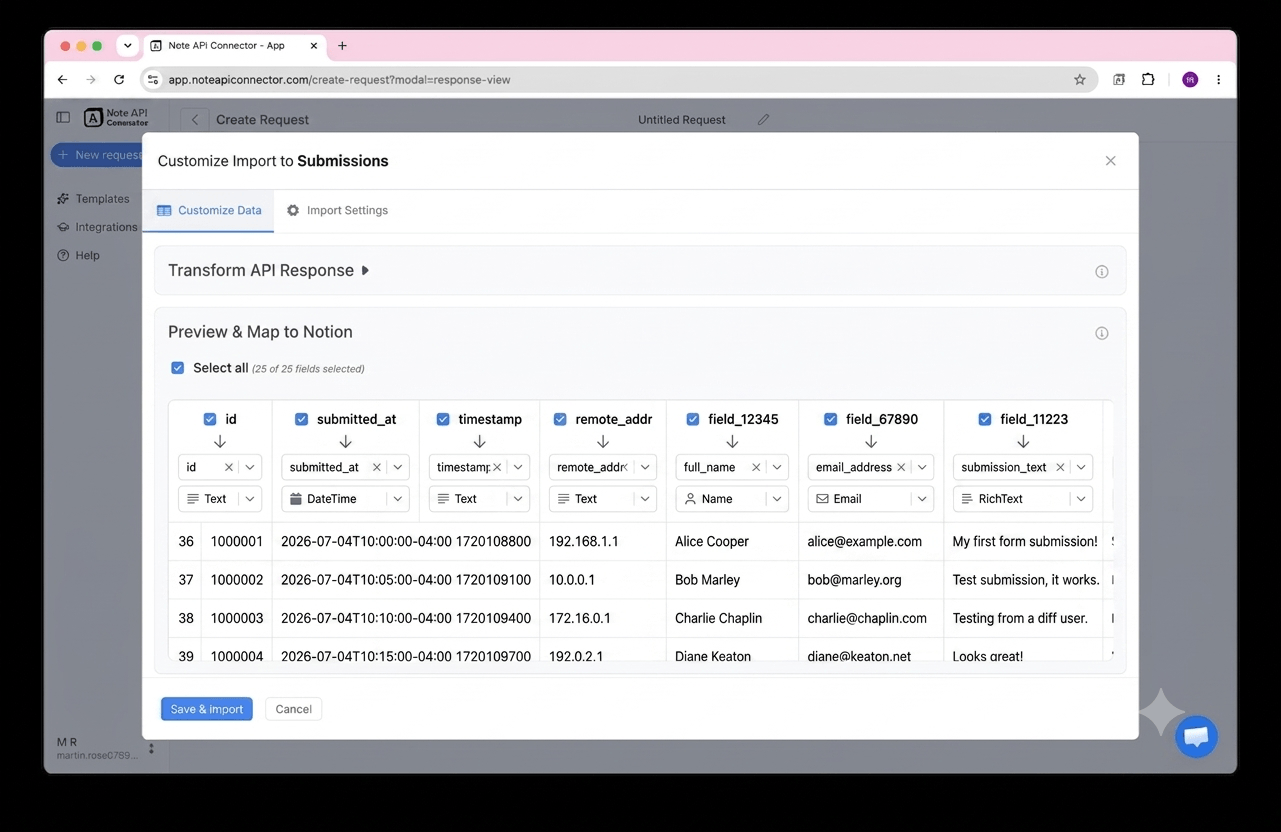 Choose your data and map fields - Note API Connector screenshot