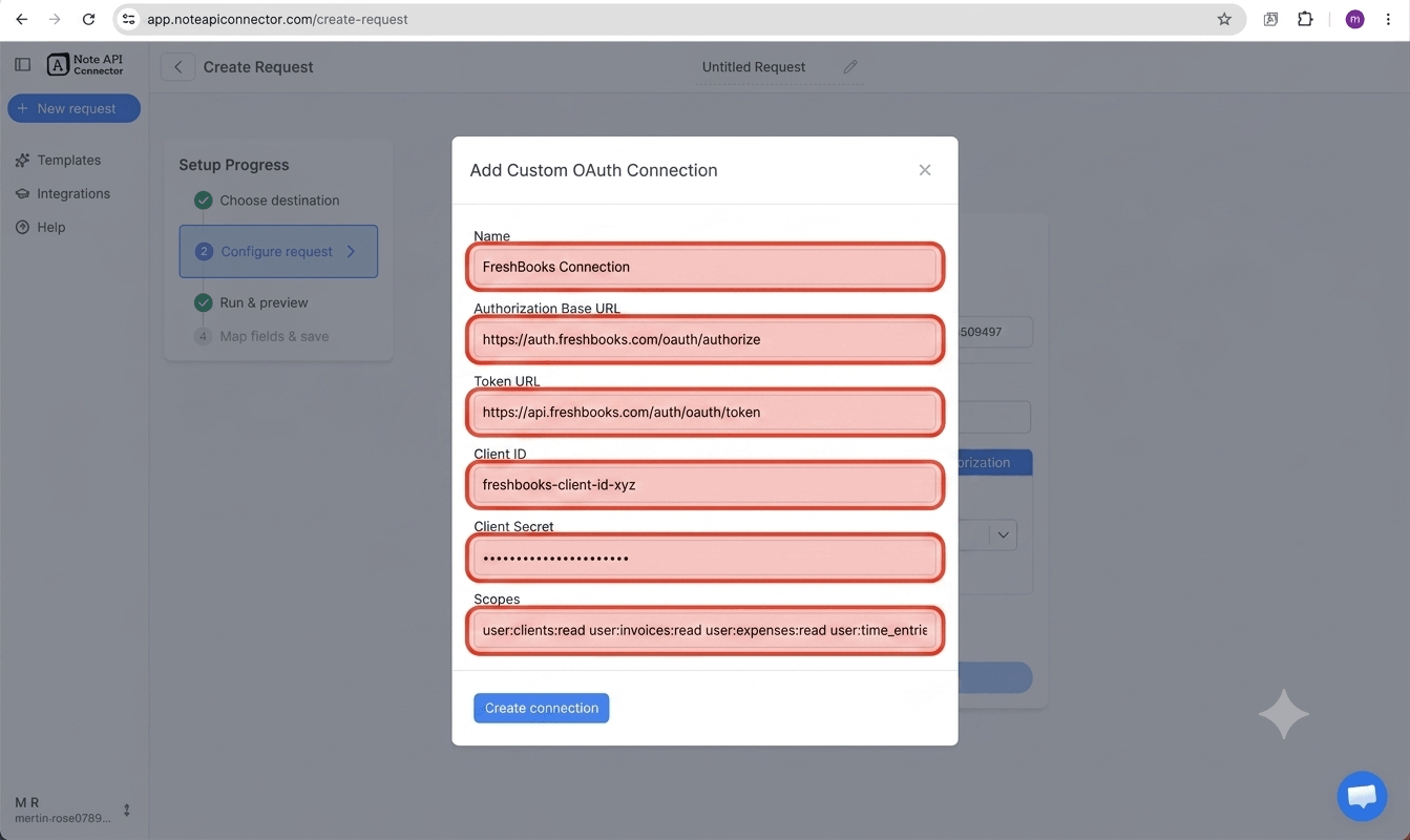 Create a FreshBooks OAuth app and connect — Note API Connector screenshot