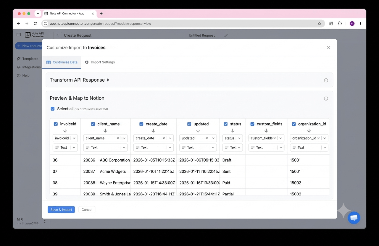 Find your account ID and create your data request — Note API Connector screenshot