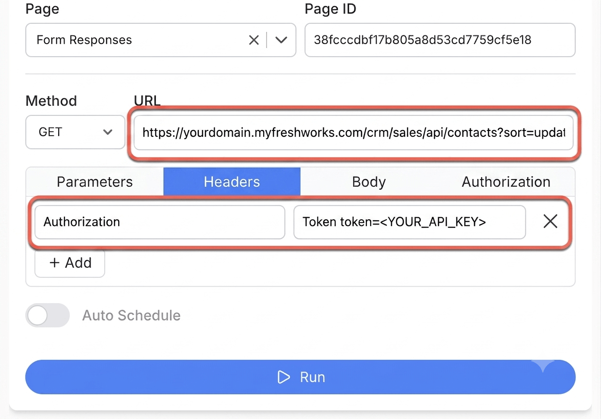 Get your Freshsales API key and create your request - Note API Connector screenshot