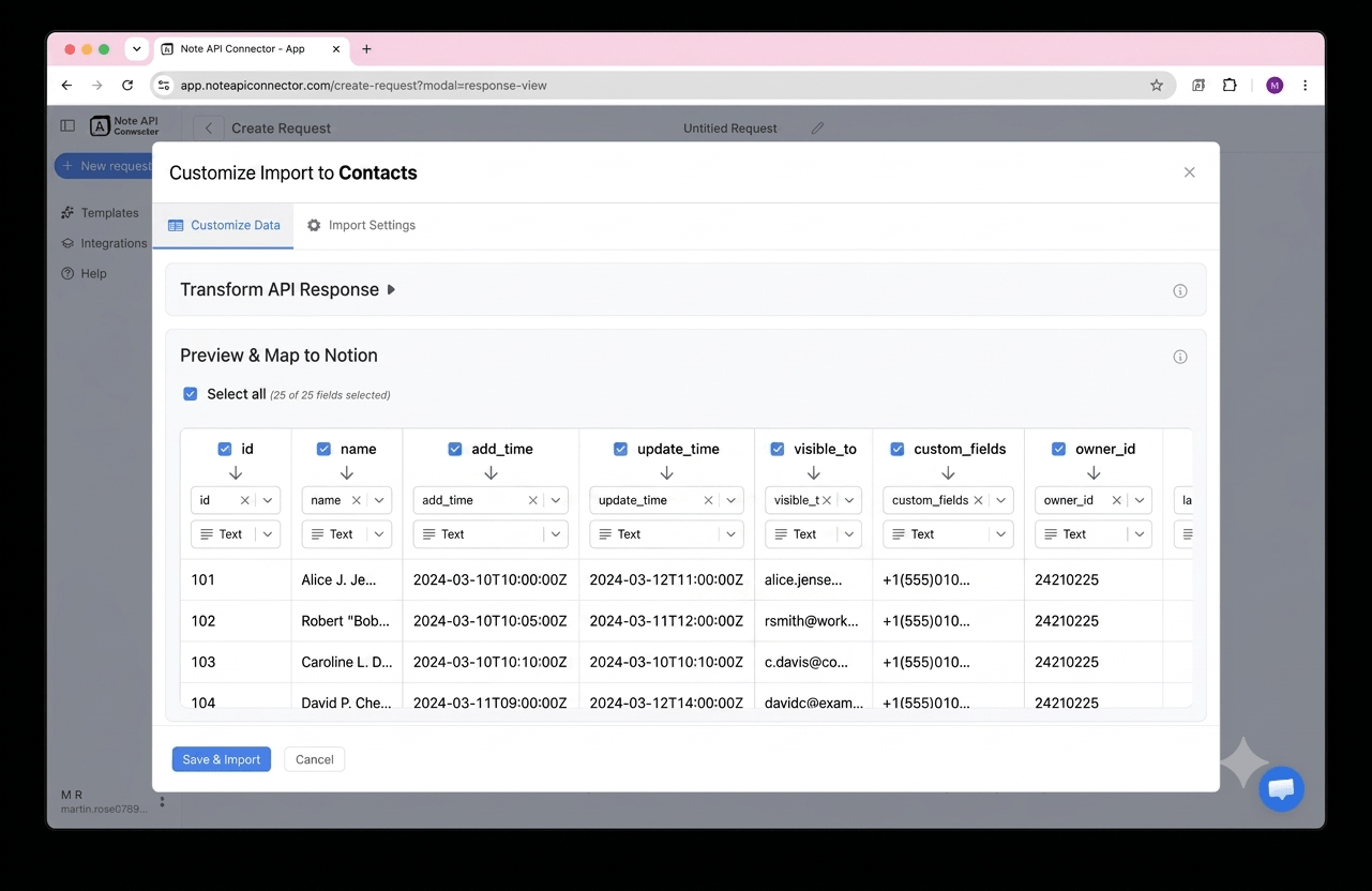 Choose your data and map fields - Note API Connector screenshot