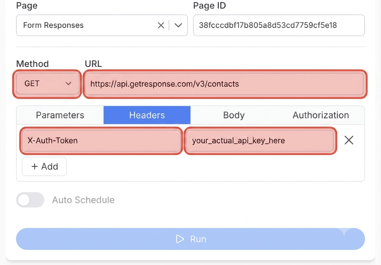 Get your GetResponse API key and connect - Note API Connector screenshot