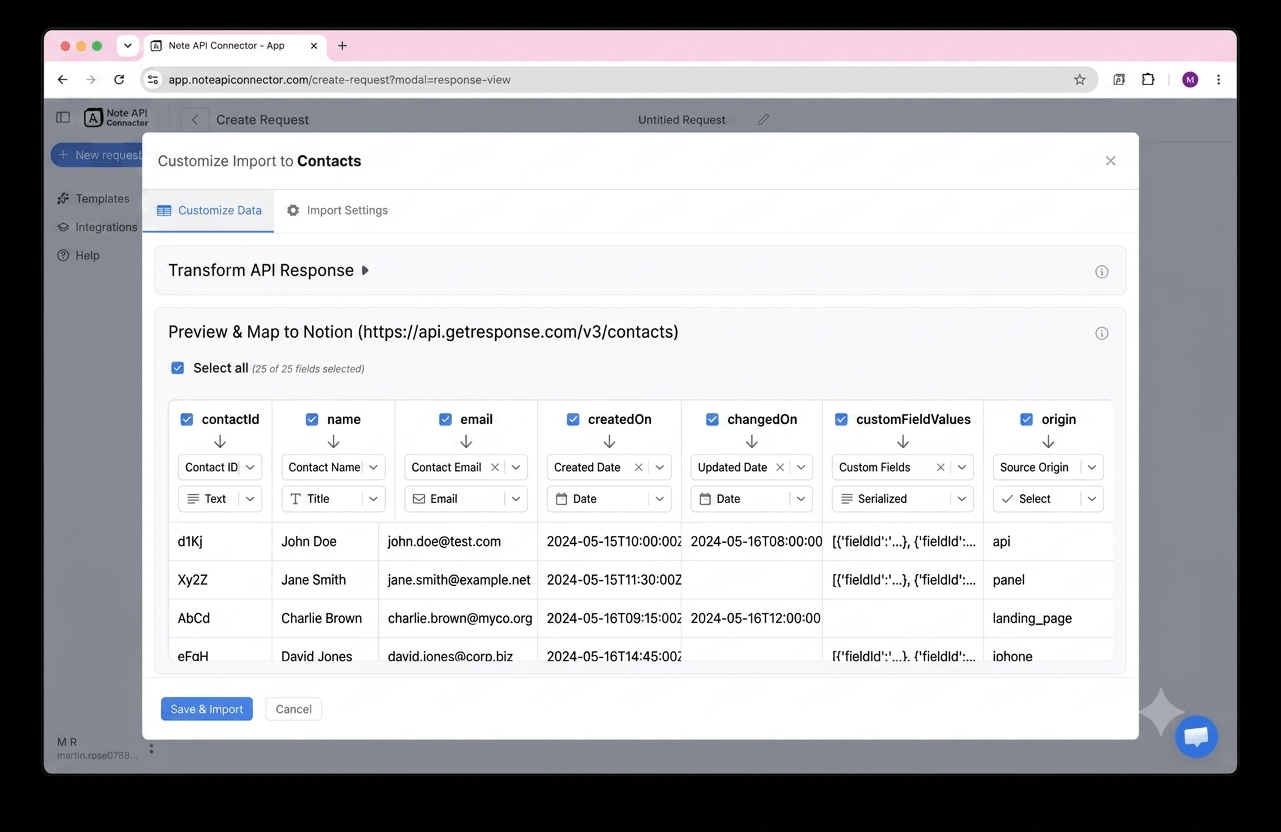 Choose your data and map fields - Note API Connector screenshot