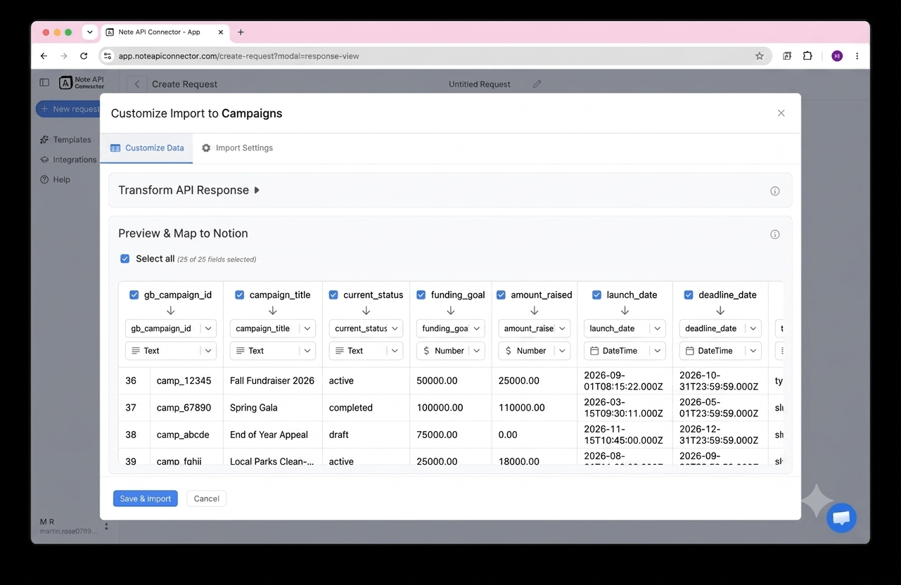 Choose your data and map fields - Note API Connector screenshot
