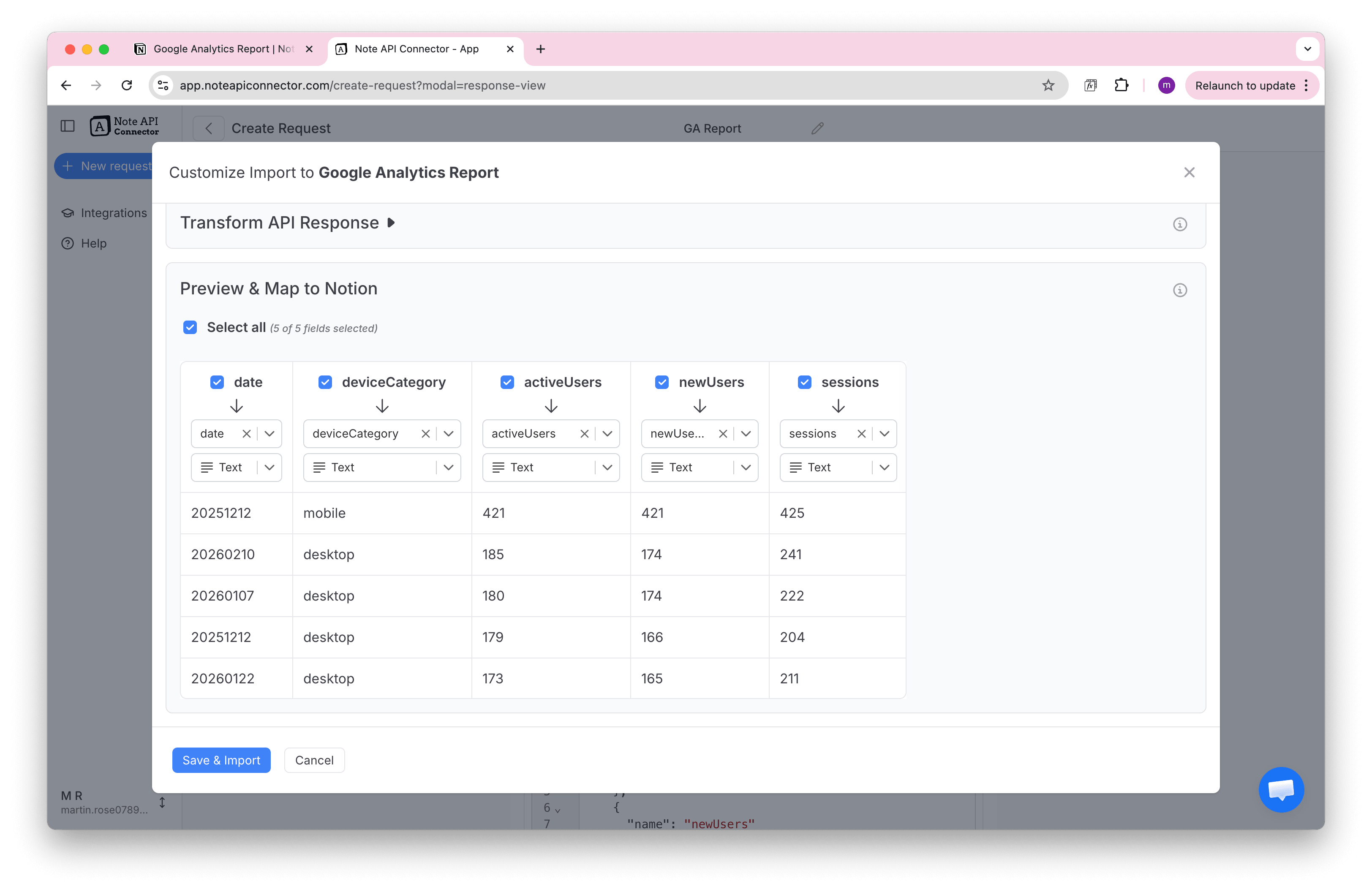 Preview and Map Google Analytics Data to Notion