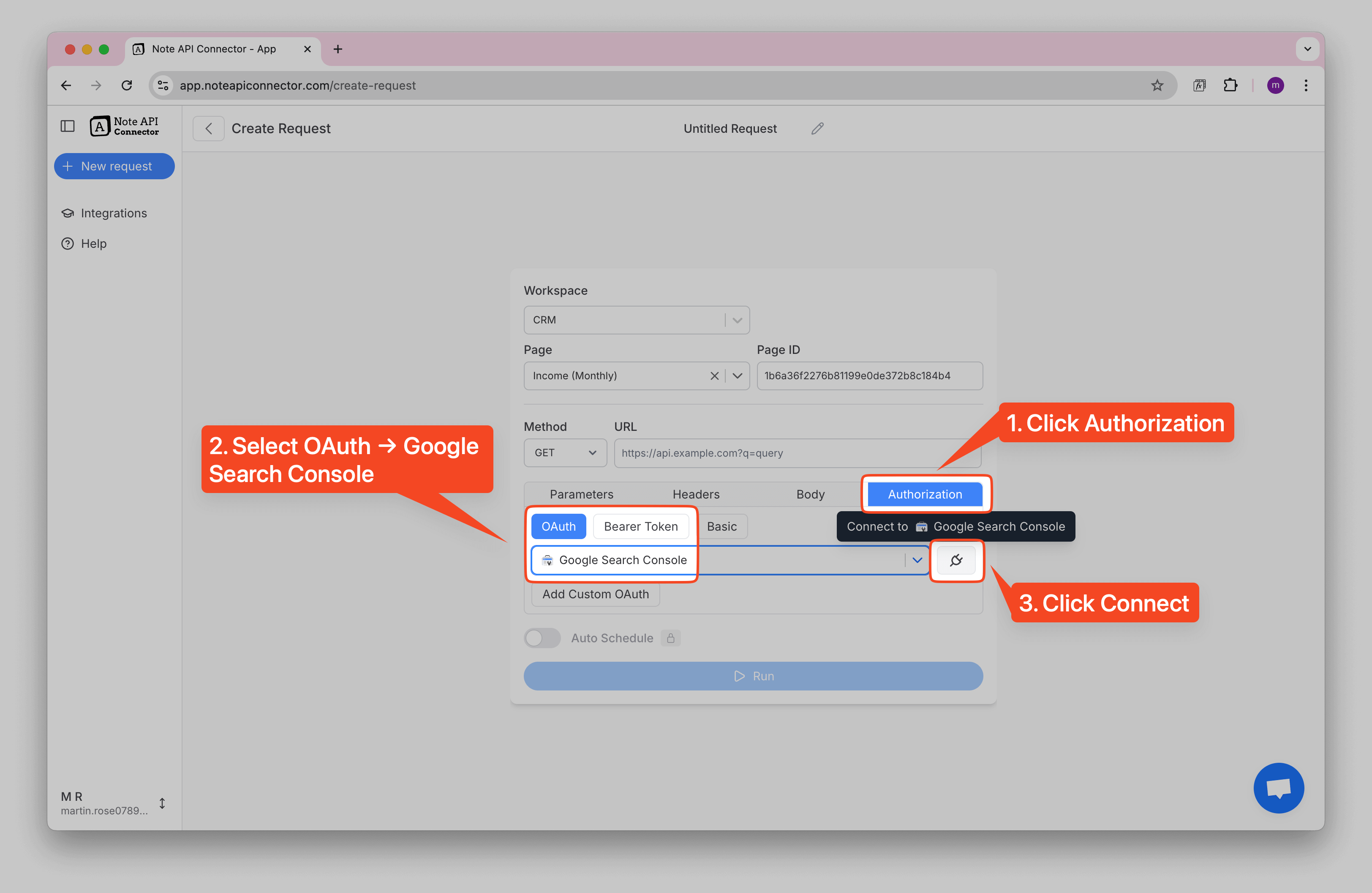 Notion Google Search Console integration — OAuth connection in Note API Connector
