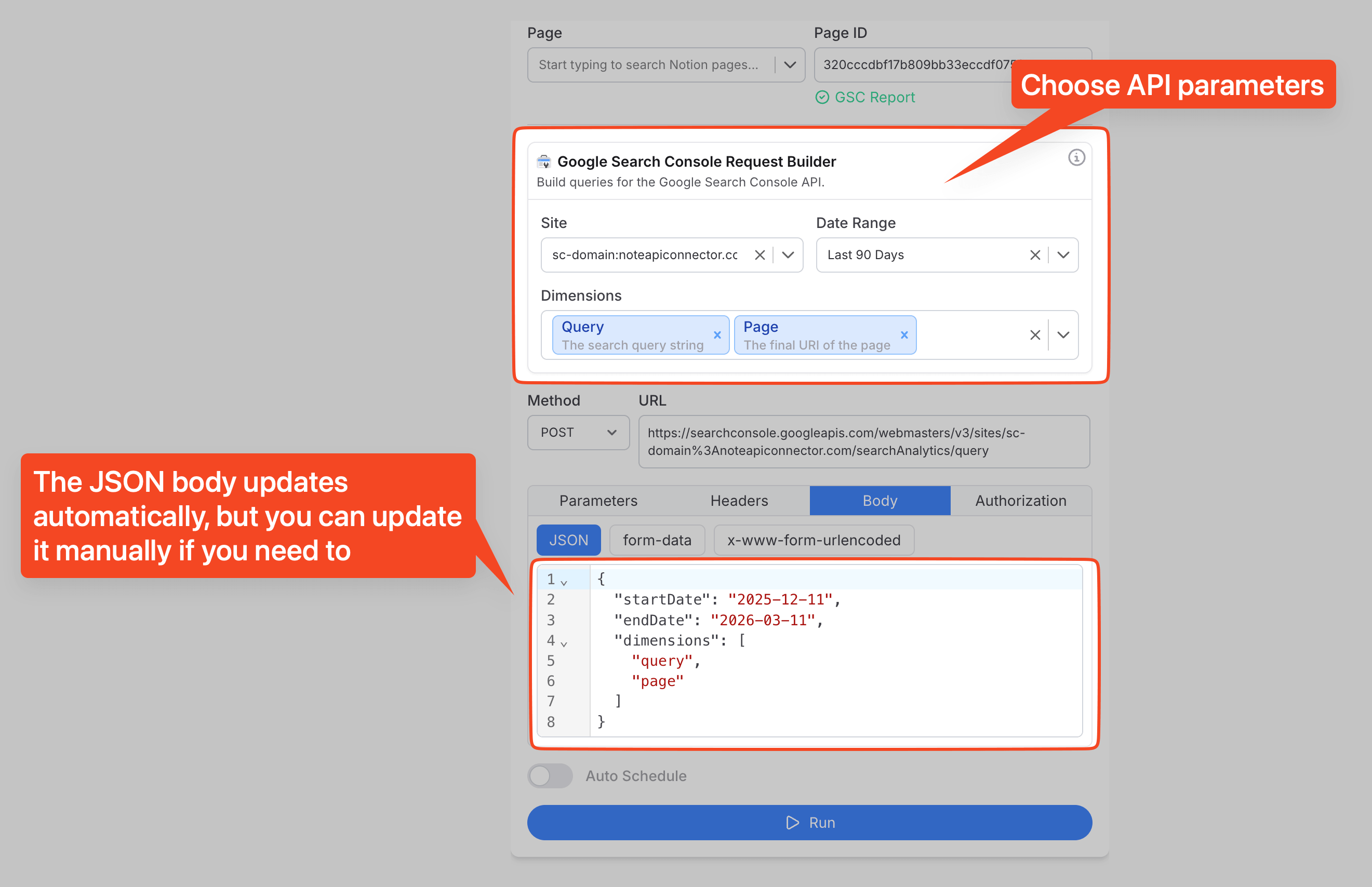 Google Search Console Request Builder parameters