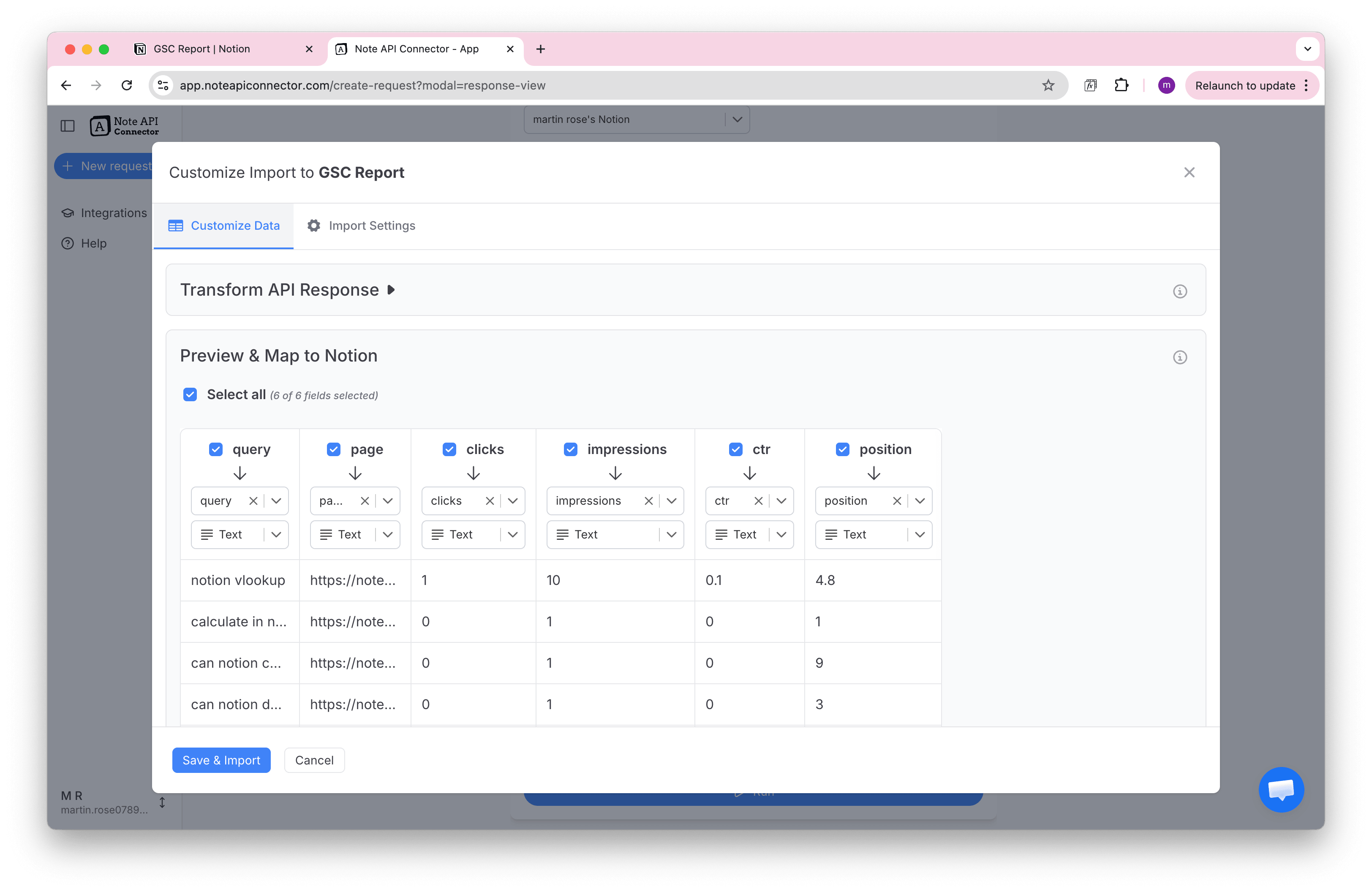 Preview and map Google Search Console data to Notion