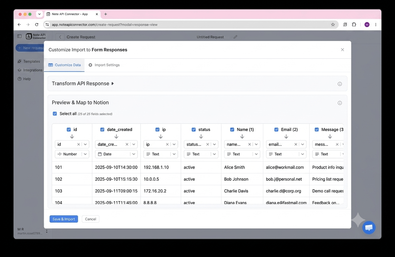 Choose your data and map fields - Note API Connector screenshot