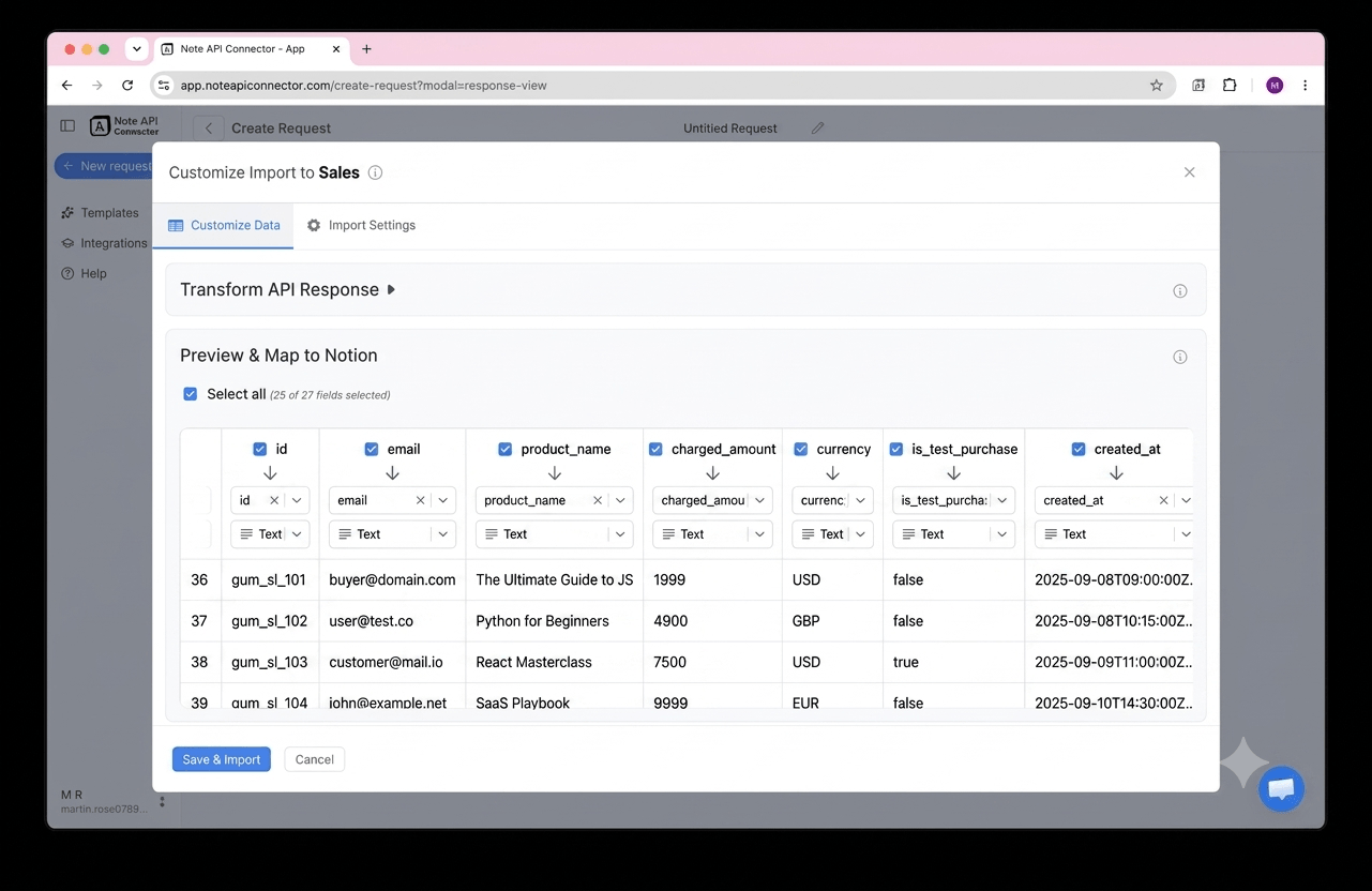 Choose your data and map fields - Note API Connector screenshot