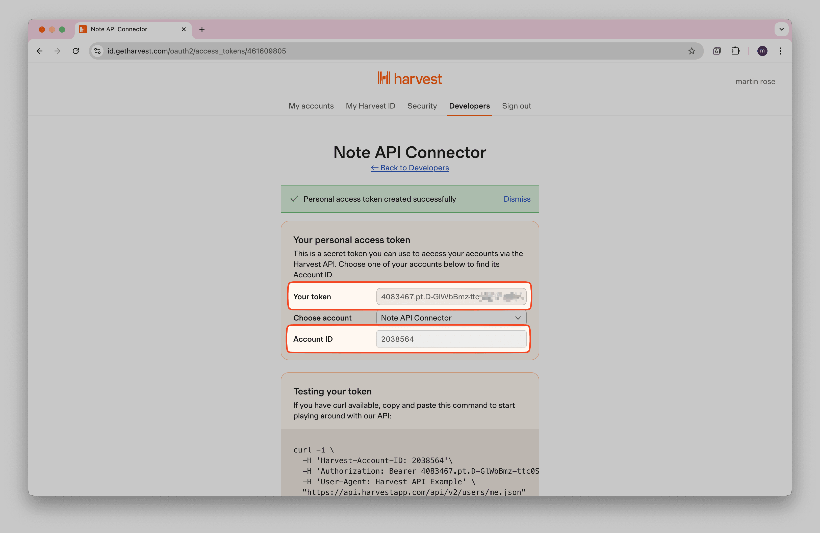 Harvest Access Token and Account ID