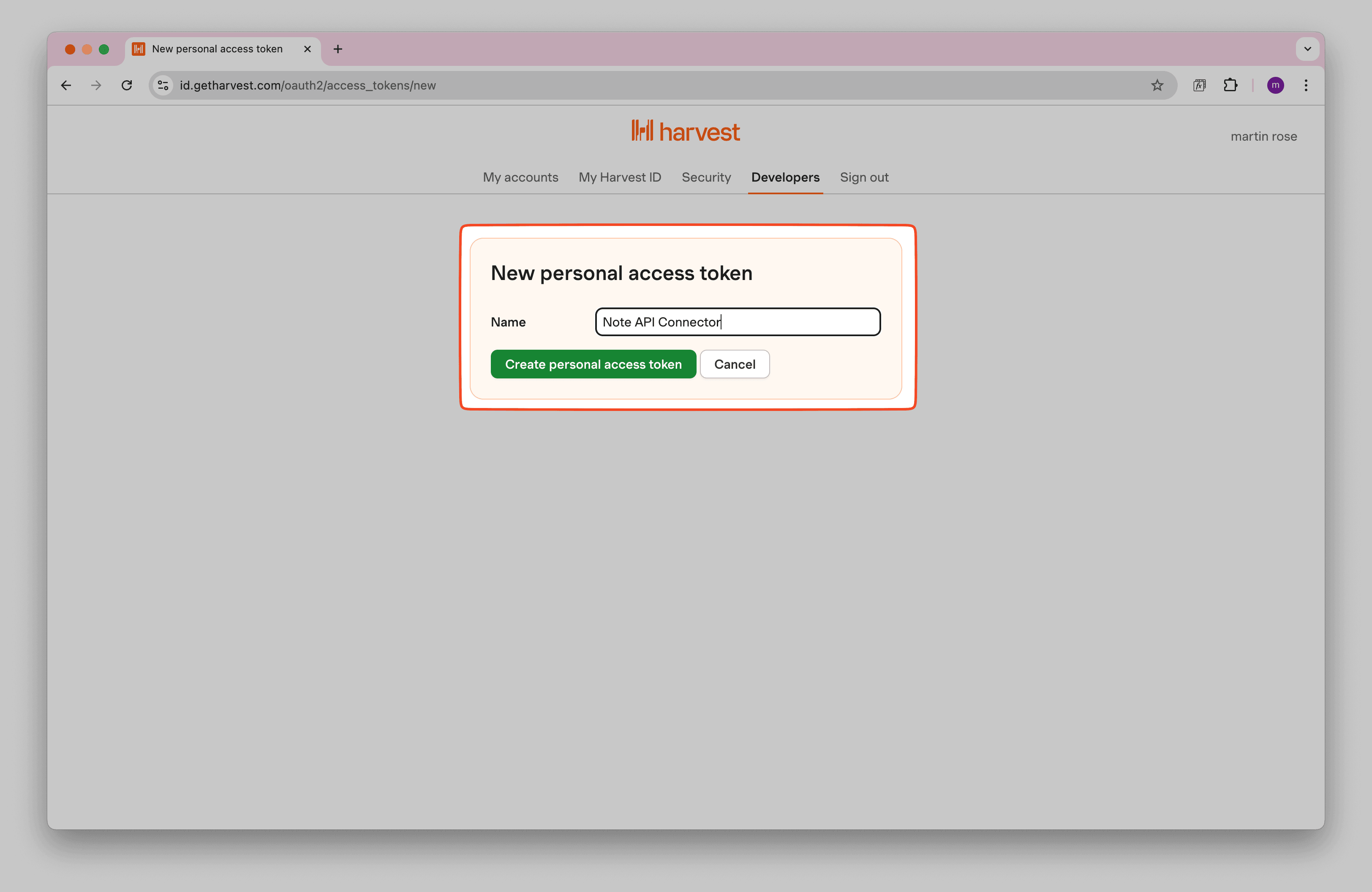 Create Harvest Personal Access Token