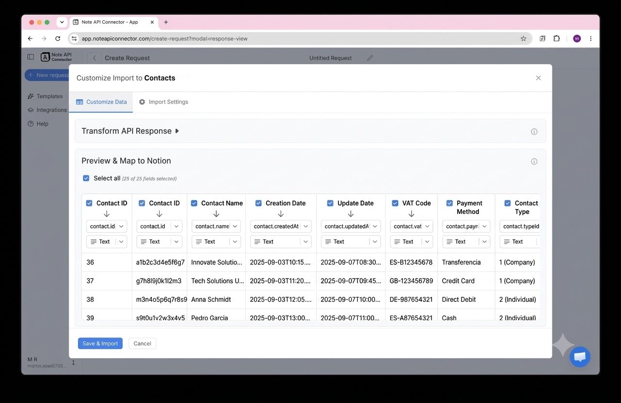 Choose your data and map fields - Note API Connector screenshot
