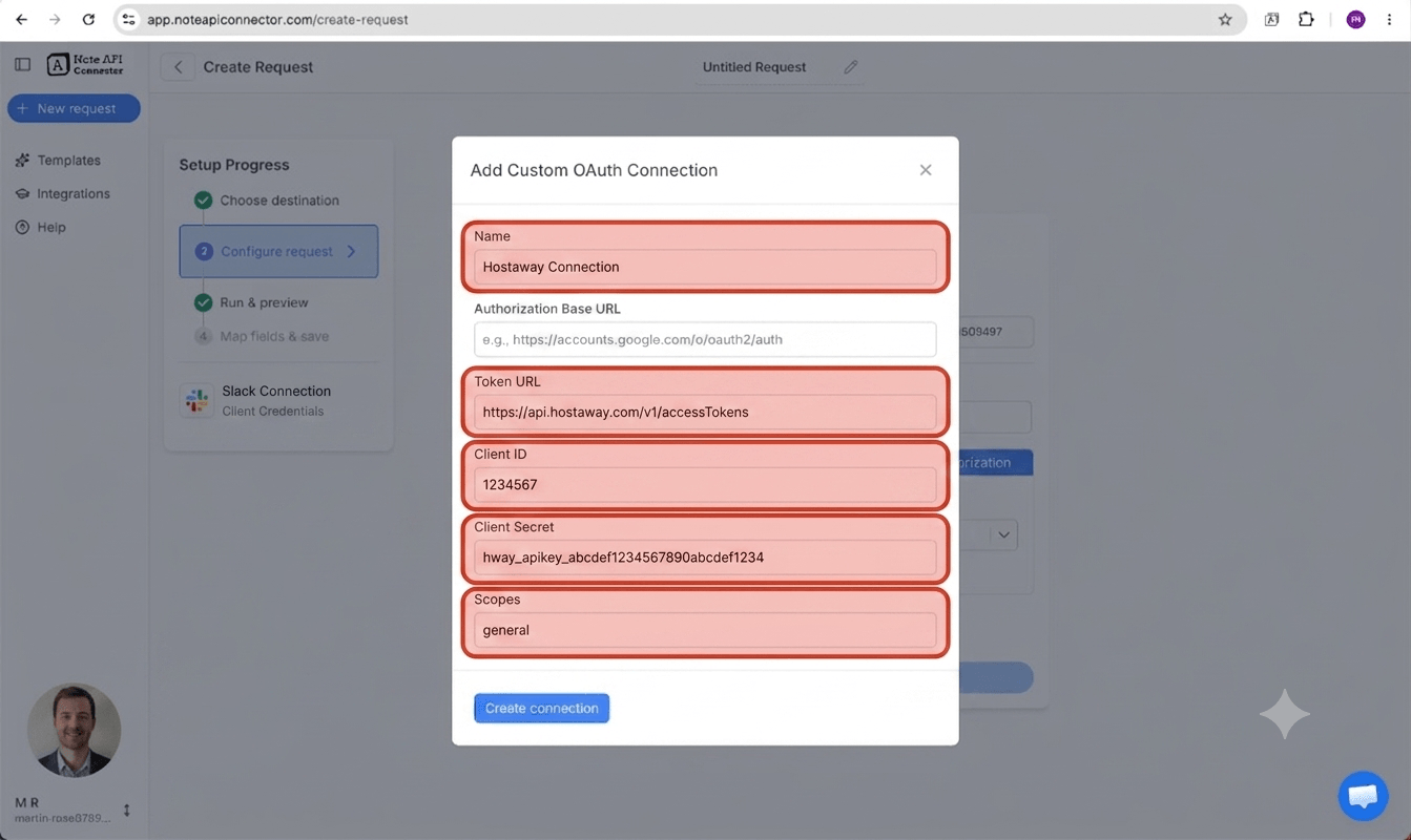 Get your Hostaway credentials and exchange them for an access token - Note API Connector screenshot