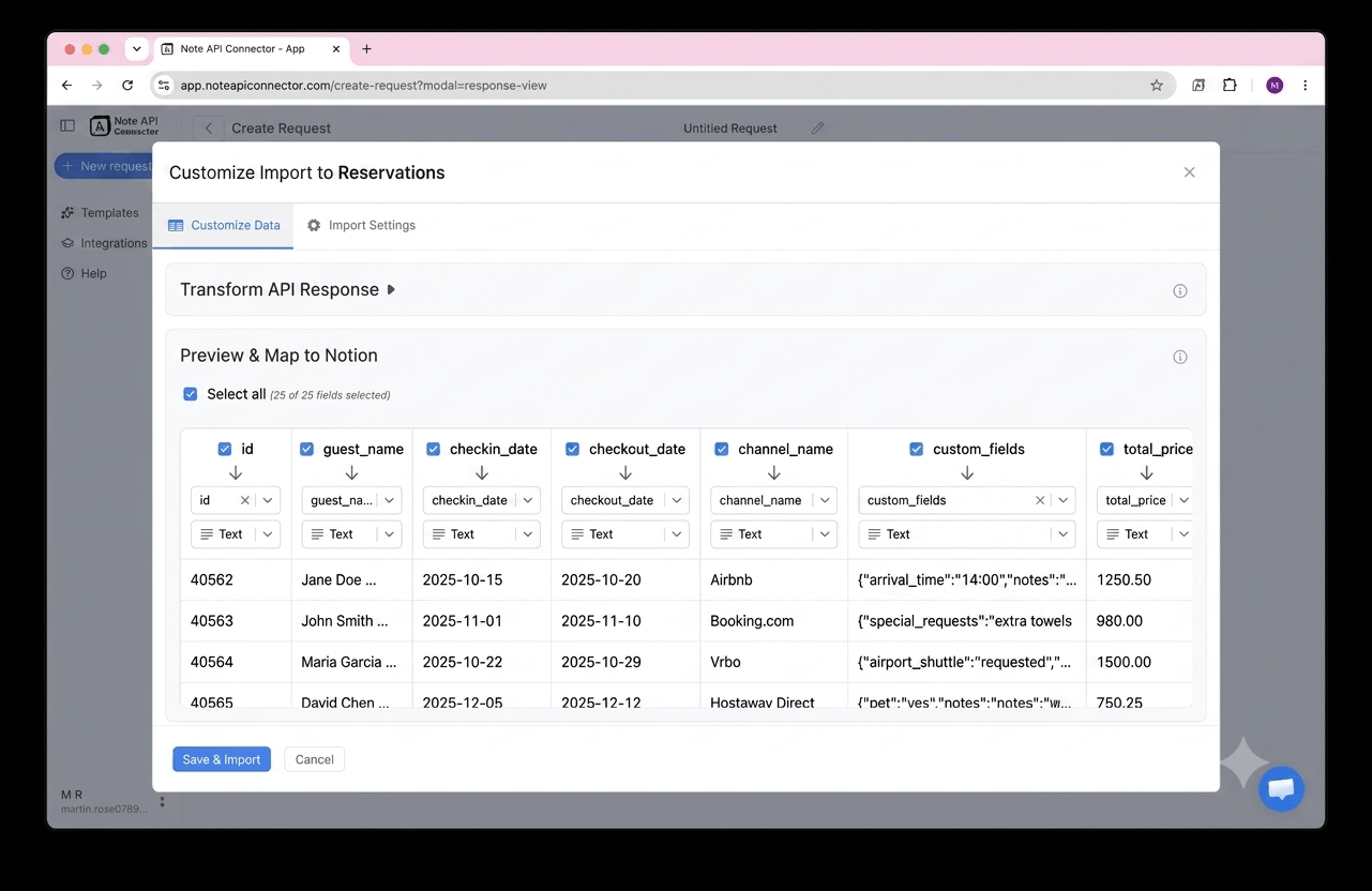Create your data request with the access token - Note API Connector screenshot