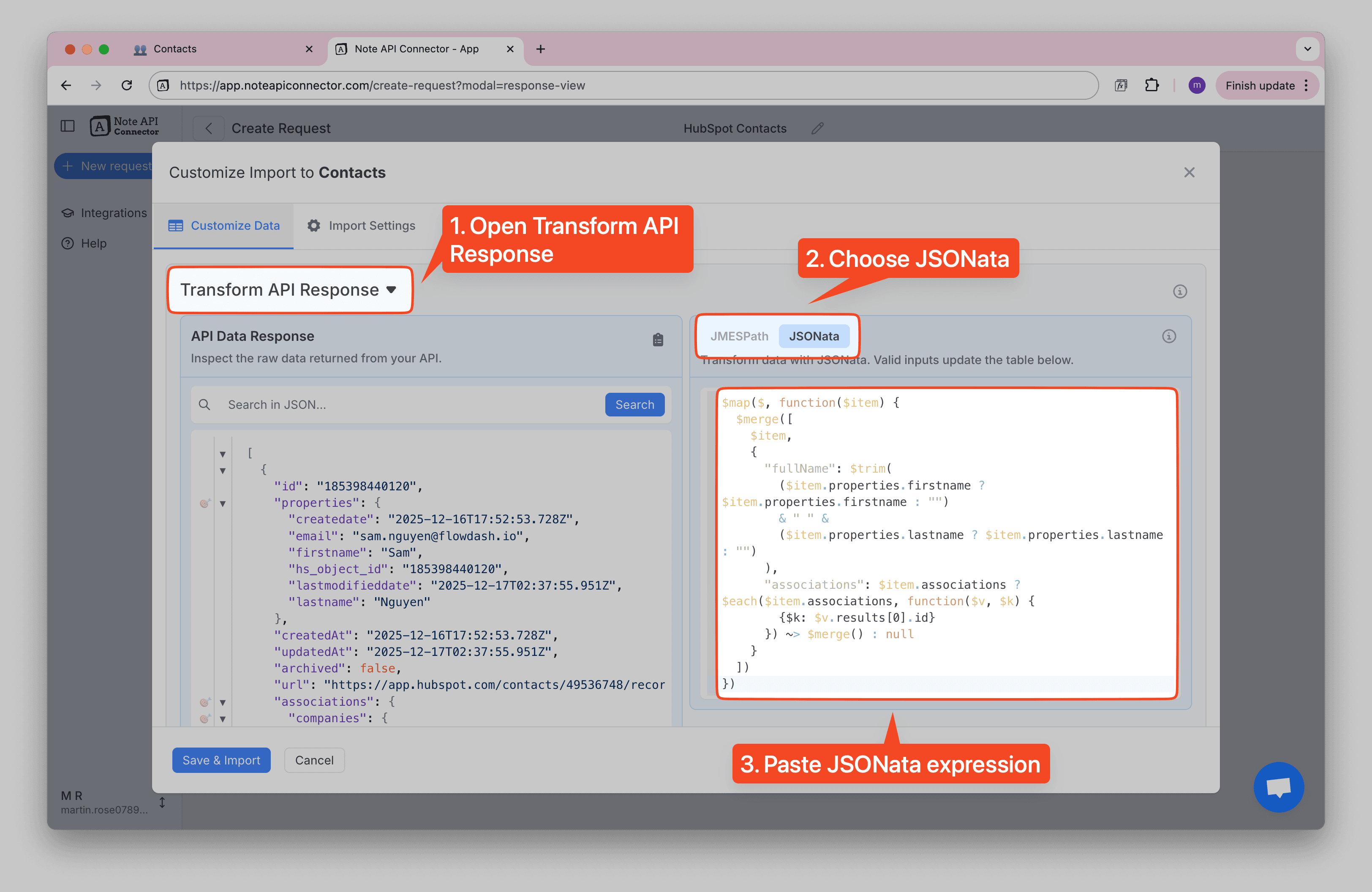 HubSpot Contacts API JSONata