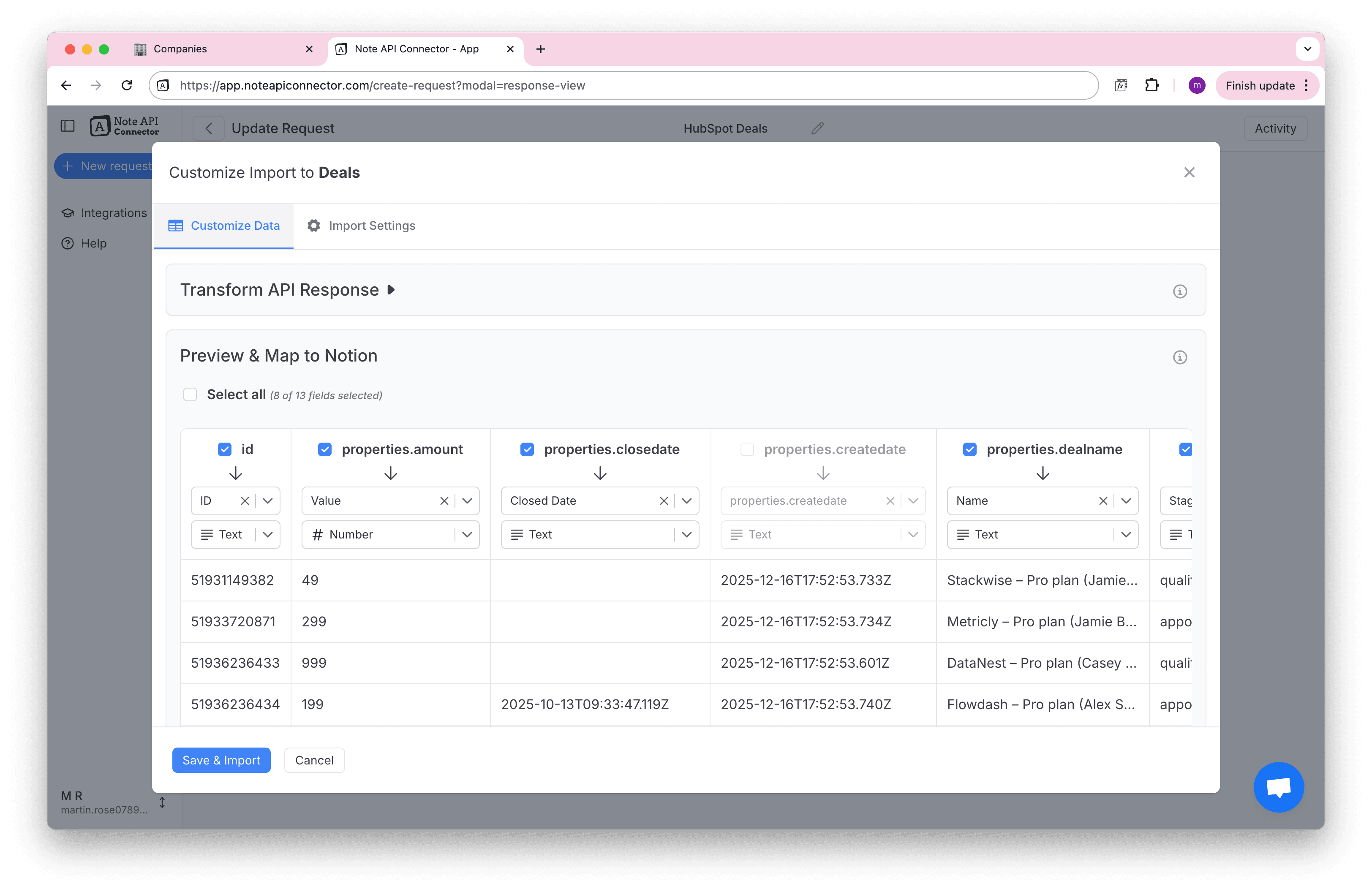 HubSpot Deals Field Mapping in Note API Connector