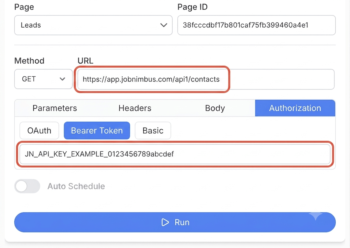 Get your JobNimbus API key and connect - Note API Connector screenshot