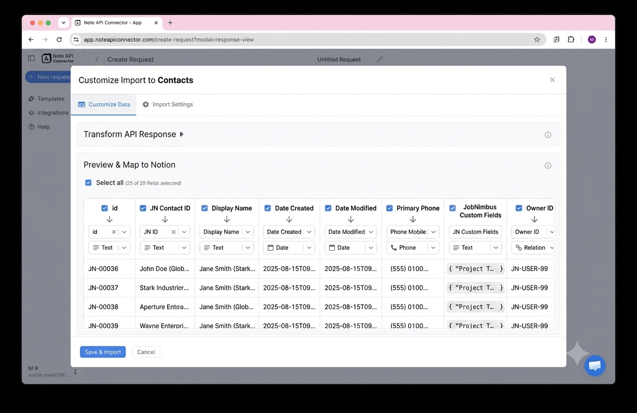 Choose your data and map fields - Note API Connector screenshot