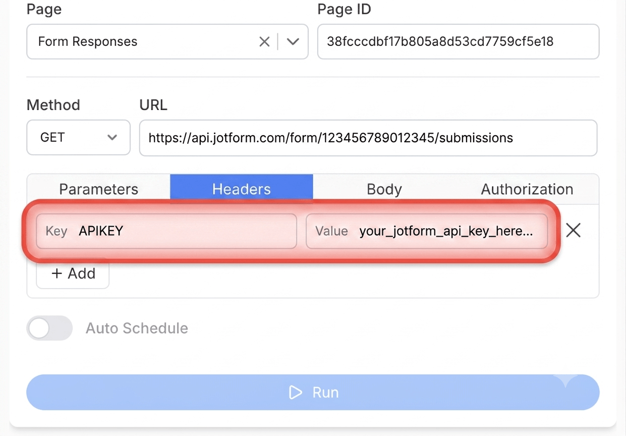 Get your Jotform API key and add it as a request header - Note API Connector screenshot