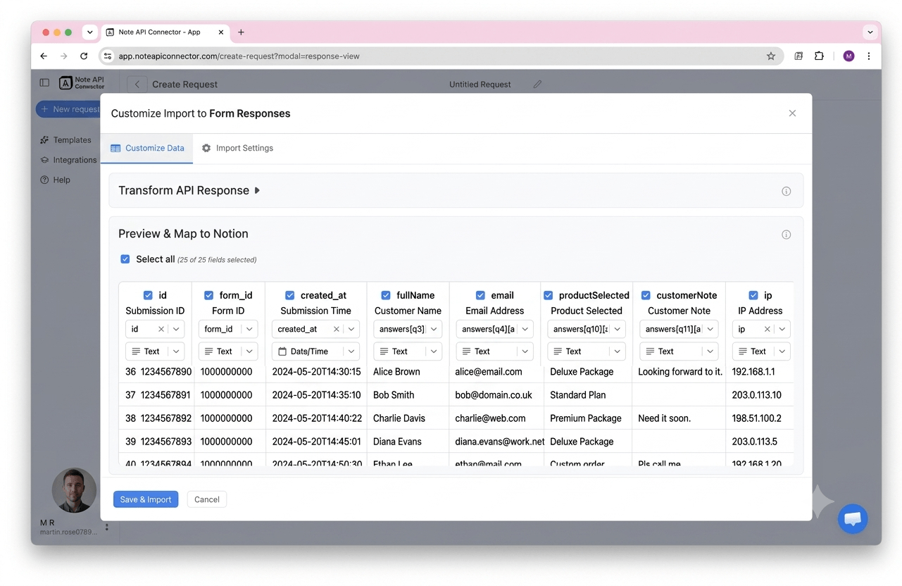 Choose your data and map fields - Note API Connector screenshot