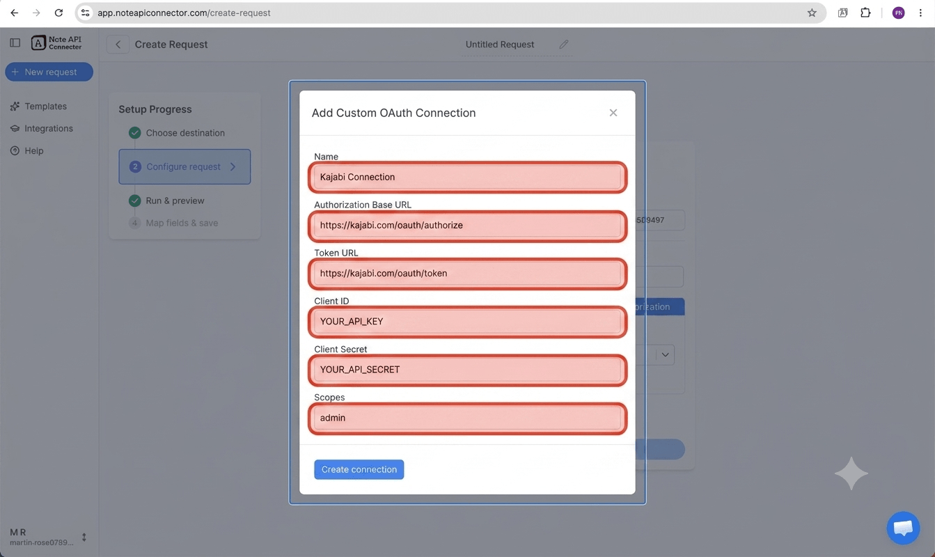 Get your Kajabi API Key and Secret, then exchange them for an access token - Note API Connector screenshot
