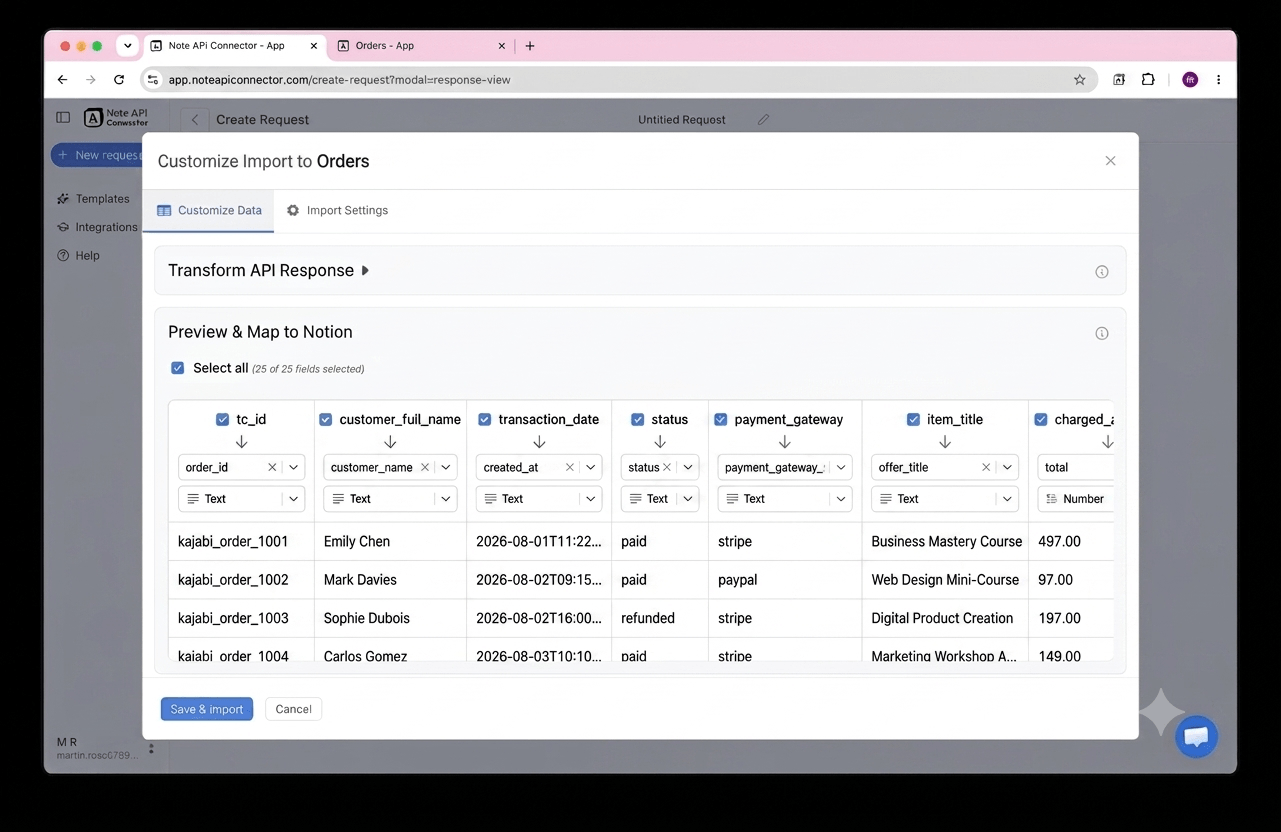 Create your data request with the access token - Note API Connector screenshot