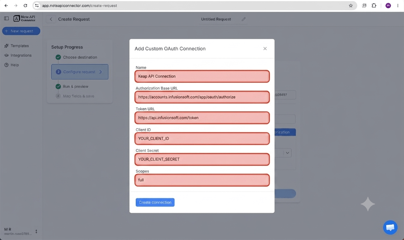 Create a Keap app and connect via OAuth - Note API Connector screenshot
