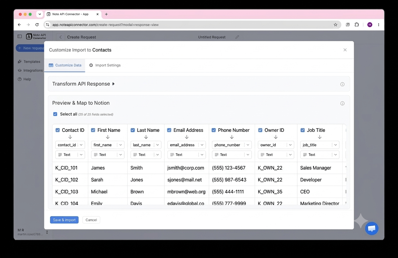 Choose your data and map fields - Note API Connector screenshot