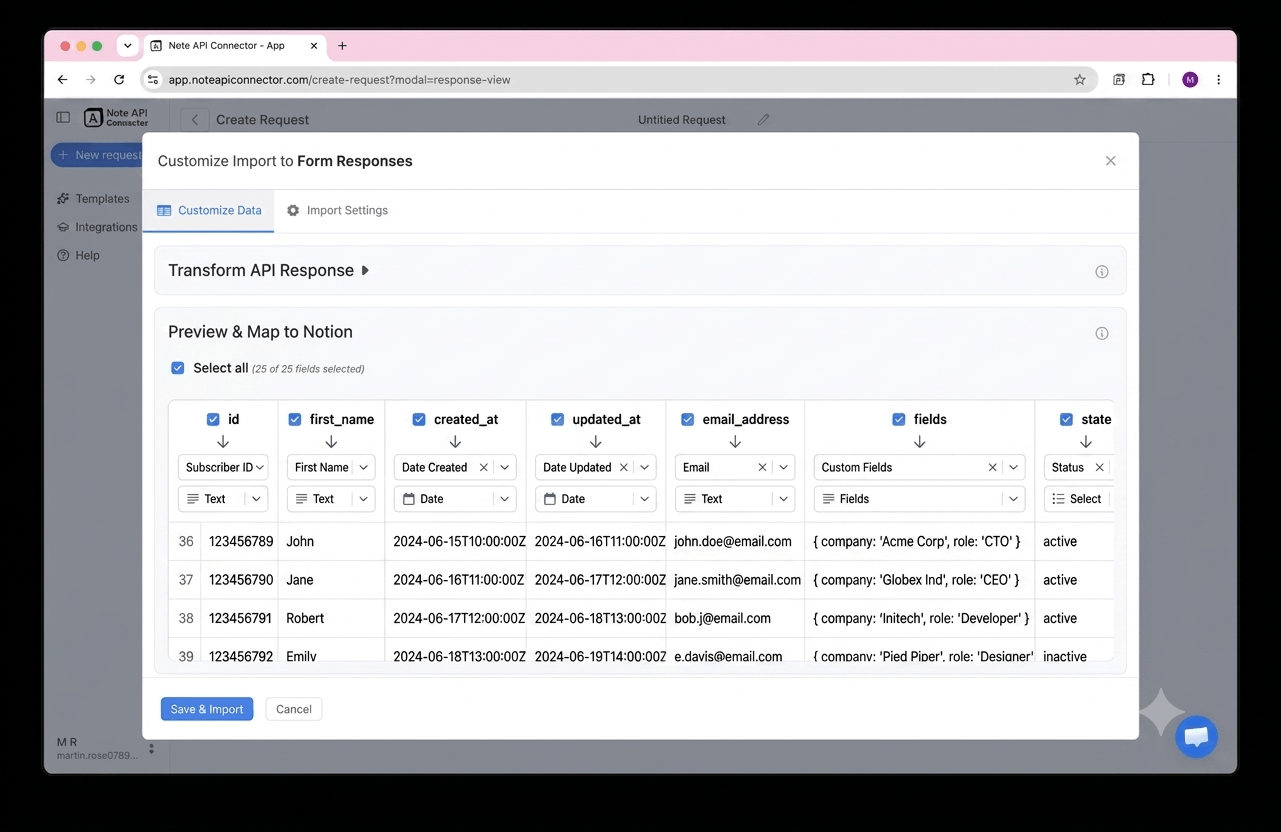Choose your data and map fields - Note API Connector screenshot