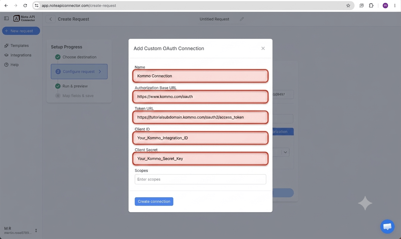 Create a Kommo integration and connect via OAuth - Note API Connector screenshot