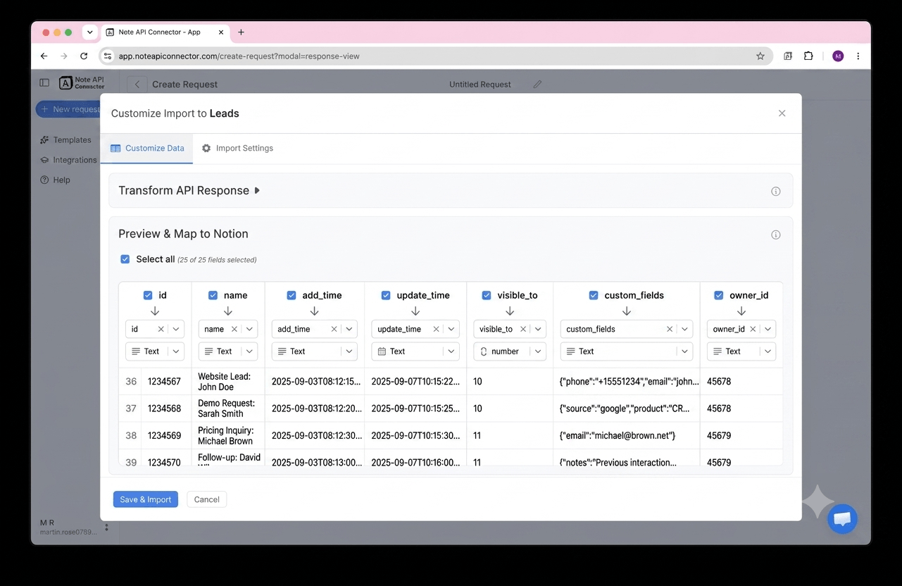 Choose your data and map fields - Note API Connector screenshot