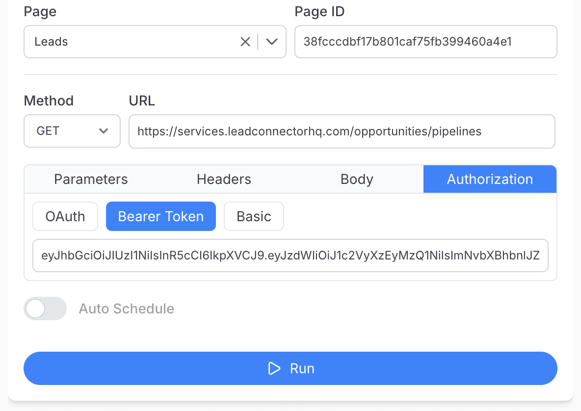 Get your LeadConnector API key and create your request - Note API Connector screenshot
