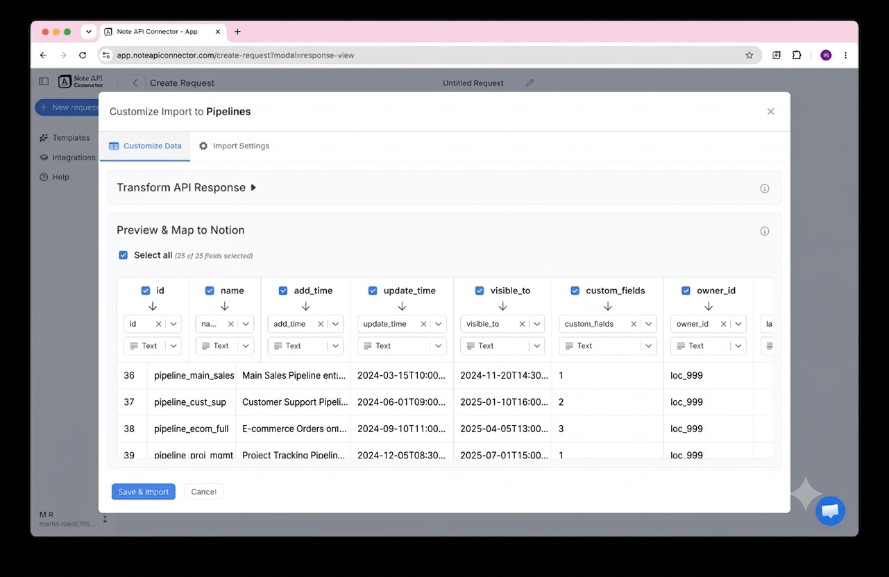 Choose your data and map fields - Note API Connector screenshot