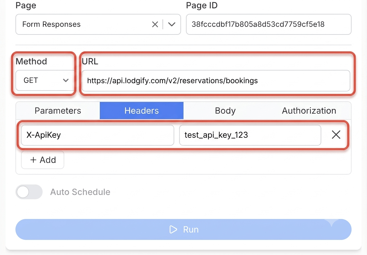 Get your Lodgify API key and create your request - Note API Connector screenshot