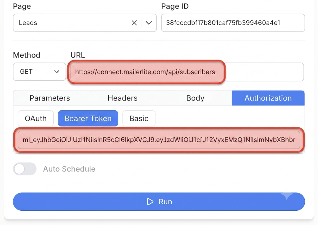 Get your MailerLite API key and create your request - Note API Connector screenshot