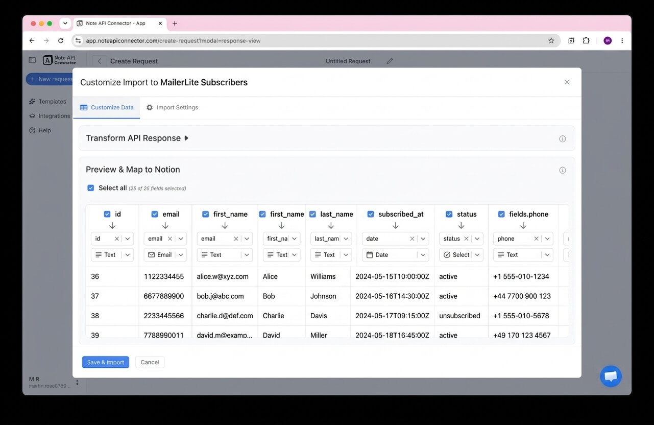 Choose your data and map fields - Note API Connector screenshot