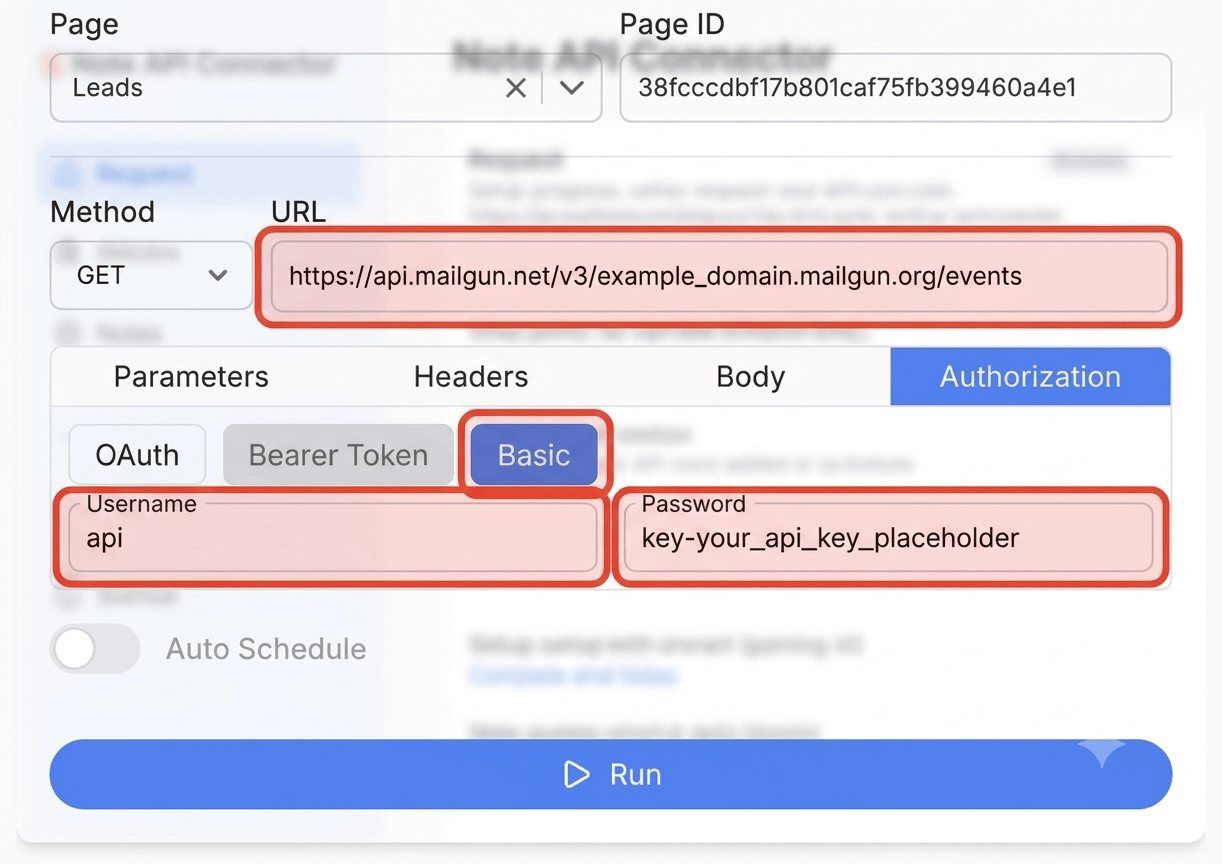 Get your Mailgun API key and connect - Note API Connector screenshot