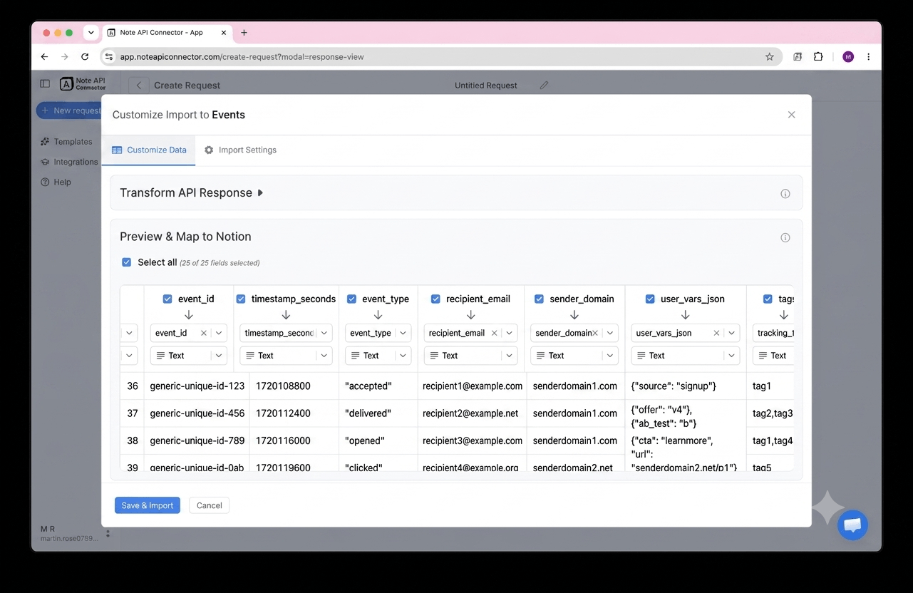 Choose your data and map fields - Note API Connector screenshot